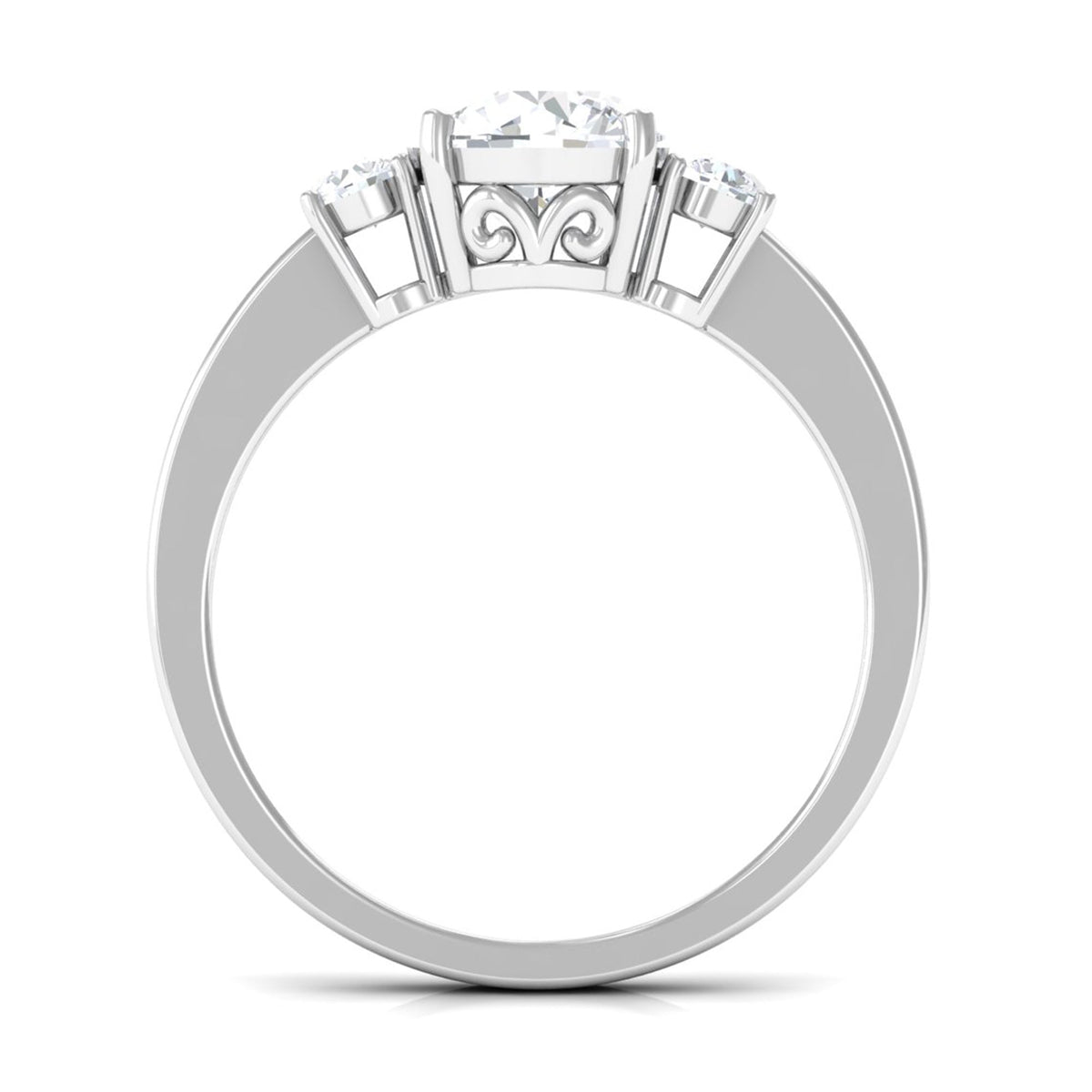 Round cubic zirconia three-stone engagement ring by Rosec Jewels, showcasing sparkling stones set in a polished band.
