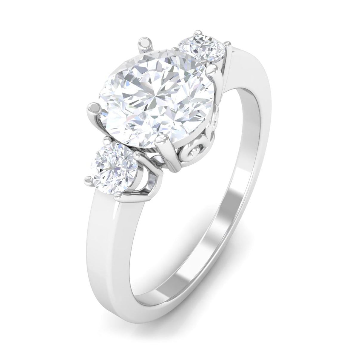 Round cubic zirconia three-stone engagement ring from Rosec Jewels with a silver band and sparkling stones.