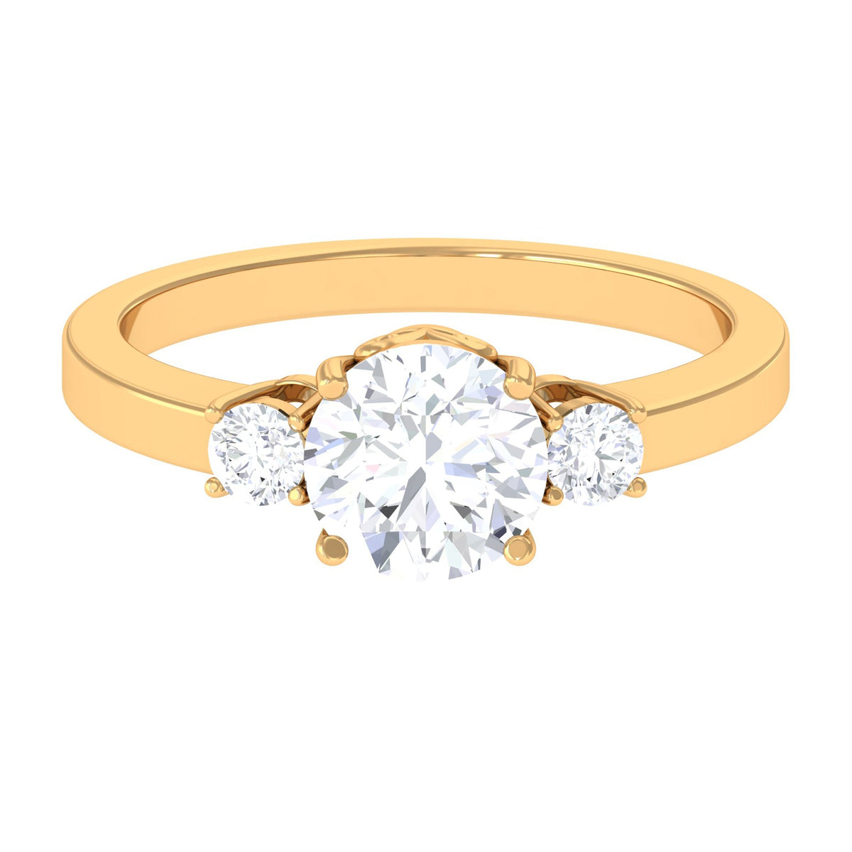Round cubic zirconia three-stone engagement ring by Rosec Jewels, showcasing sparkling stones set in a sleek band.