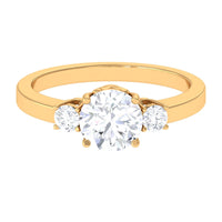 Round cubic zirconia three-stone engagement ring by Rosec Jewels, showcasing sparkling stones set in a sleek band.