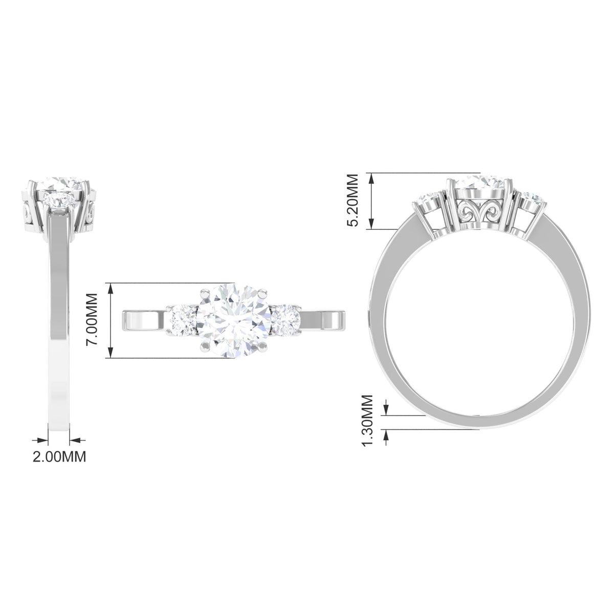 Round cubic zirconia three-stone engagement ring from Rosec Jewels, featuring sparkling stones set in a sleek band.