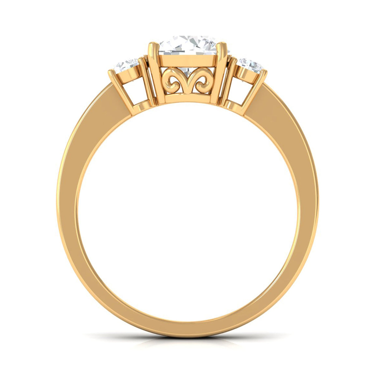 Round cubic zirconia three-stone engagement ring by Rosec Jewels featuring sparkling stones set in a polished band.