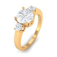 Round cubic zirconia three-stone engagement ring by Rosec Jewels featuring sparkling stones and a sleek band design.
