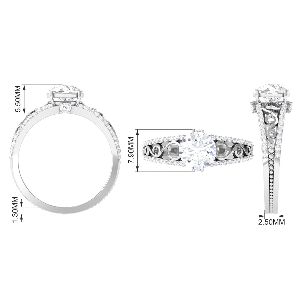 Vintage-style solitaire 1 carat cubic zirconia engagement ring by Rosec Jewels featuring a sparkling central stone and intricate band details.