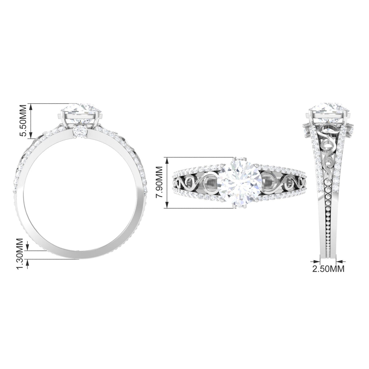 Solitaire 1 Carat cubic zirconia vintage-style engagement ring by Rosec Jewels featuring a central stone and intricate design.