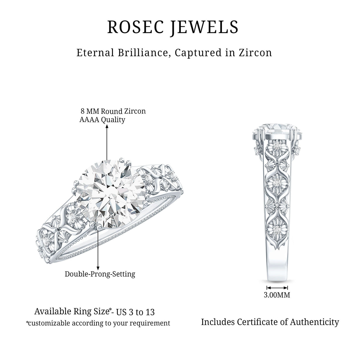Vintage-inspired 2 carat zircon flower engagement ring by Rosec Jewels featuring intricate floral design in sterling silver.