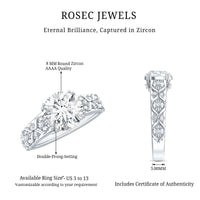 Vintage-inspired 2 carat zircon flower engagement ring by Rosec Jewels featuring intricate floral design in sterling silver.