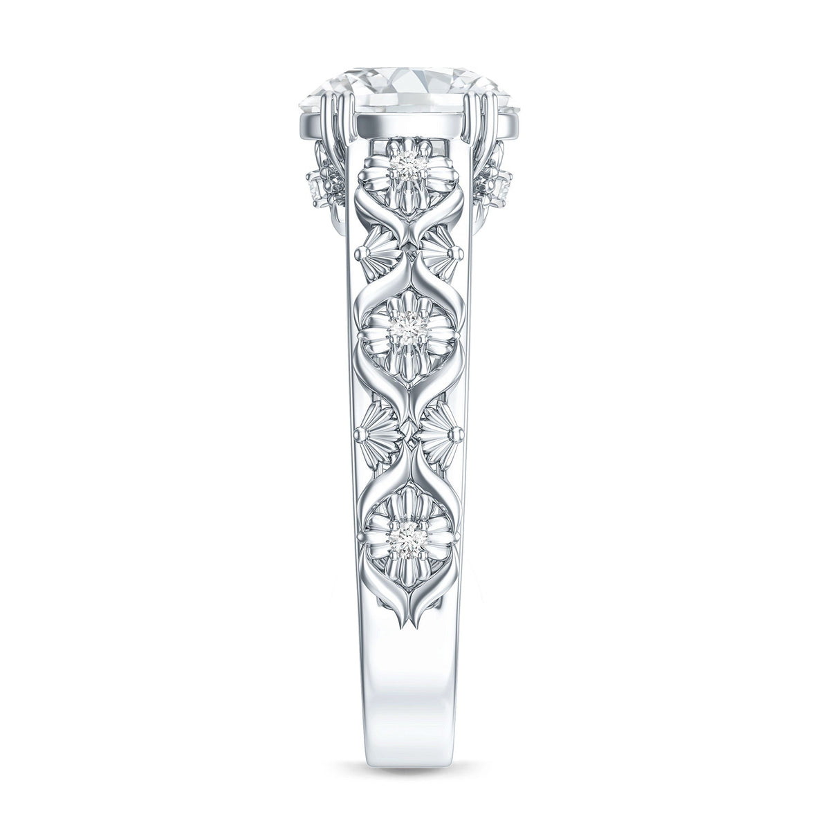 Vintage-inspired 2-carat zircon flower engagement ring by Rosec Jewels, featuring intricate floral design and sparkling stones.