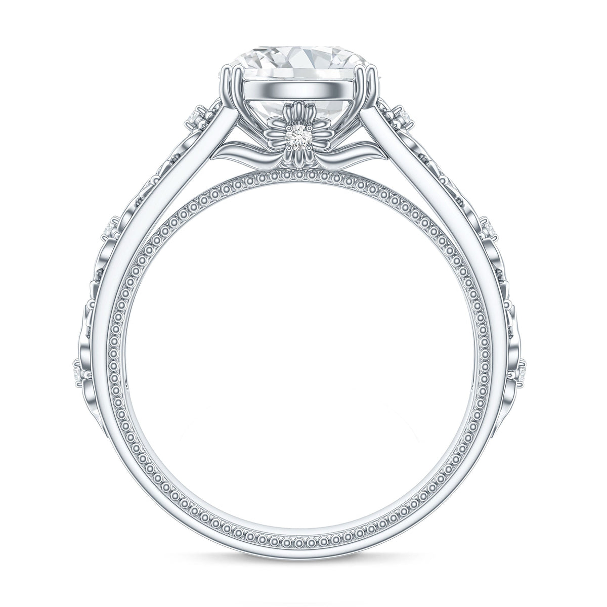 Vintage-inspired 2 Carat Zircon flower engagement ring by Rosec Jewels featuring intricate floral design and sparkling stone details.