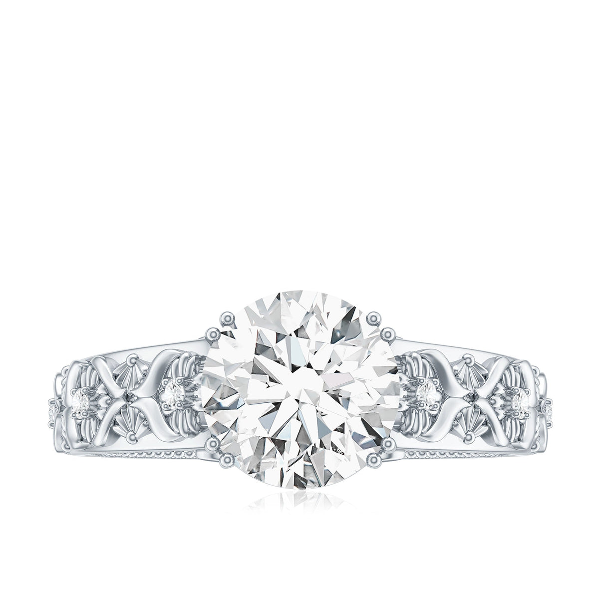 Vintage-inspired 2 carat zircon flower engagement ring by Rosec Jewels, featuring intricate floral design and sparkling stones.