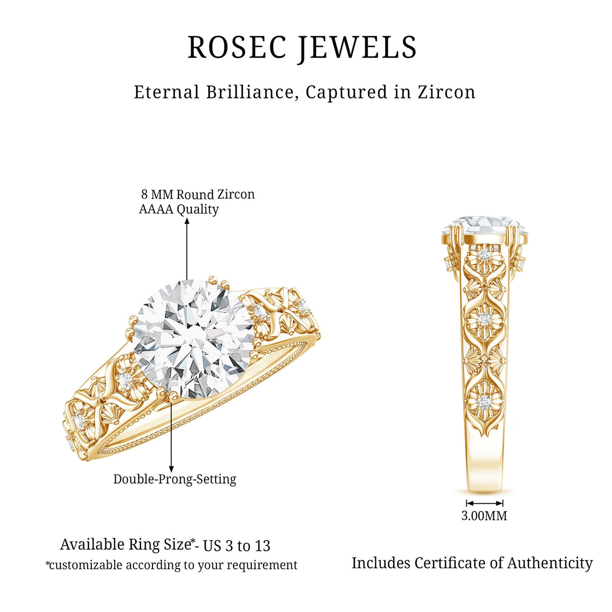 Vintage-inspired 2 carat zircon flower engagement ring by Rosec Jewels featuring intricate floral design and sparkling central stone.