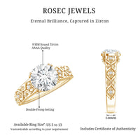 Vintage-inspired 2 carat zircon flower engagement ring by Rosec Jewels featuring intricate floral design and sparkling central stone.