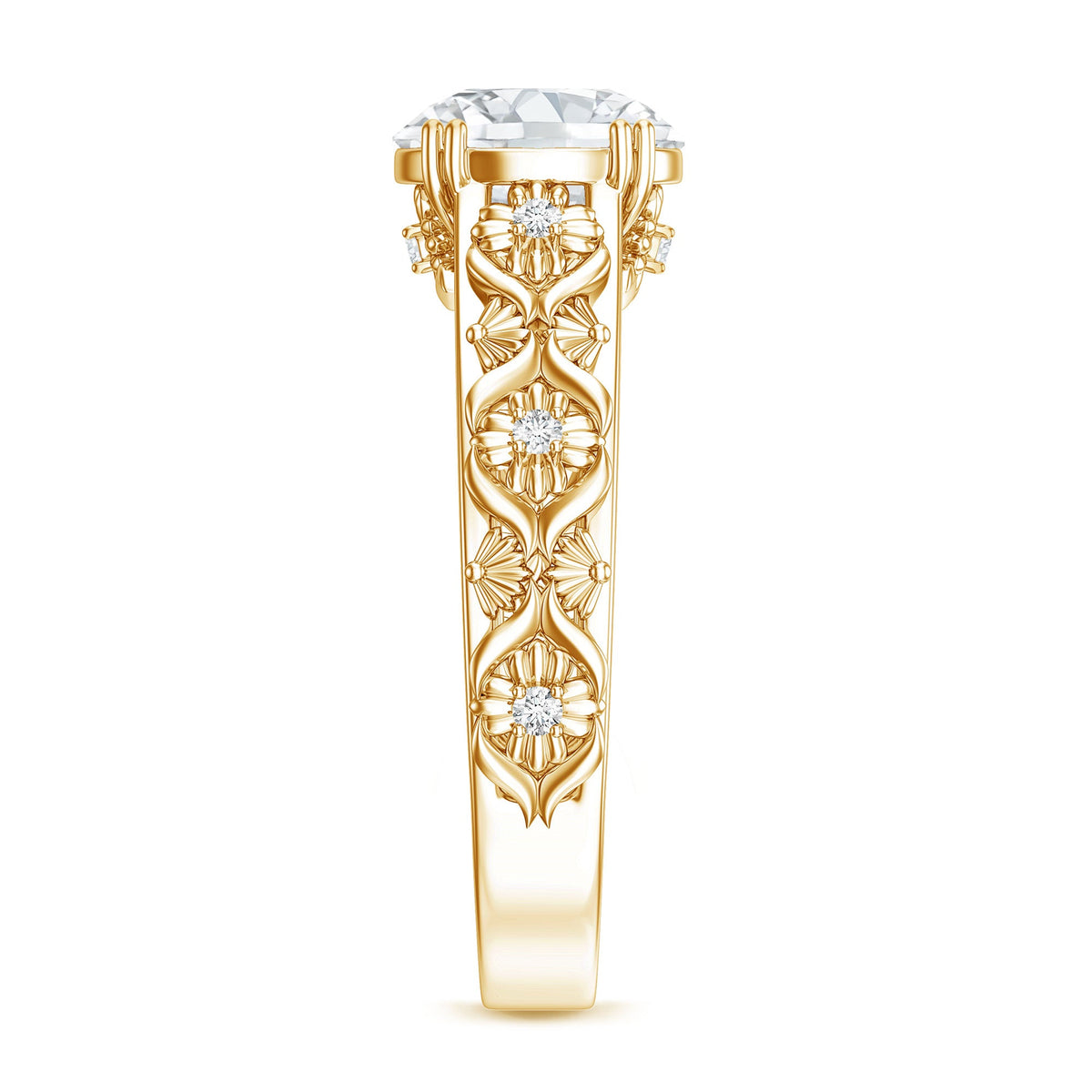 Vintage-inspired 2 Carat Zircon flower engagement ring by Rosec Jewels, featuring intricate floral design and sparkling stones.