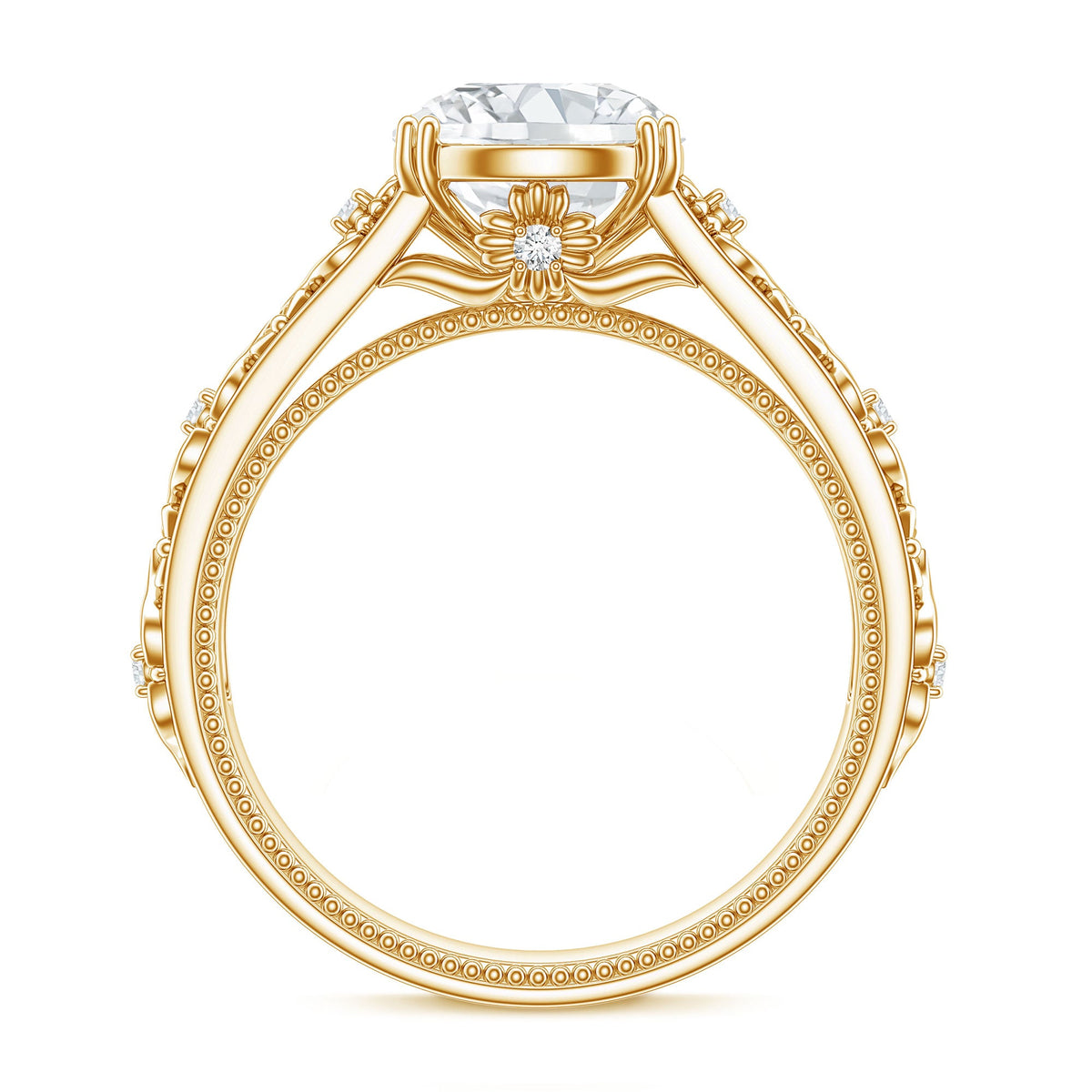 Vintage-inspired 2 carat zircon flower engagement ring by Rosec Jewels featuring intricate floral design and sparkling center stone.