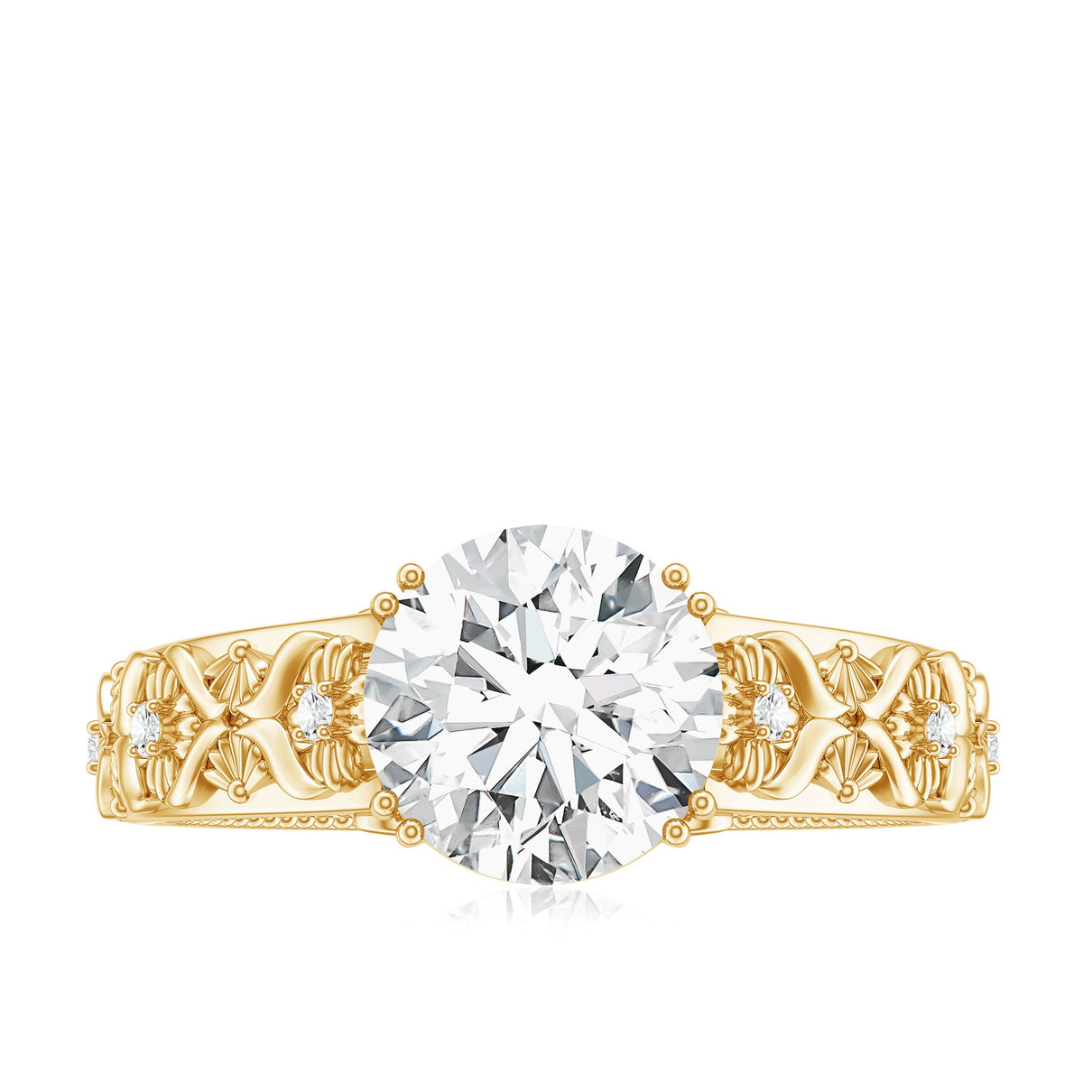 Vintage-inspired 2 carat zircon flower engagement ring by Rosec Jewels, featuring intricate floral design and sparkling central stone.