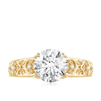 Vintage-inspired 2 carat zircon flower engagement ring by Rosec Jewels, featuring intricate floral design and sparkling central stone.