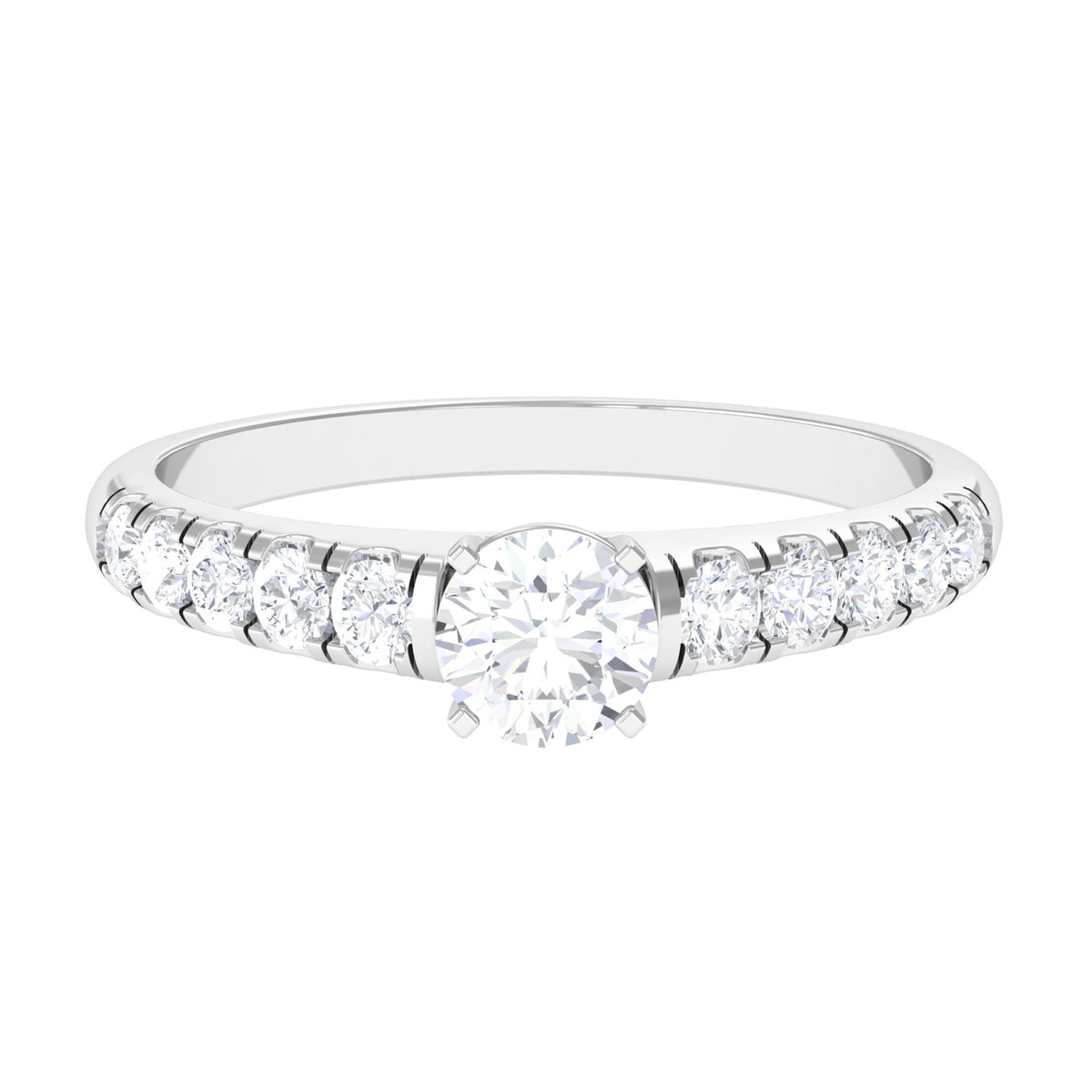 Round cubic zirconia side stone engagement ring by Rosec Jewels, showcasing sparkling stones and sleek silver band.