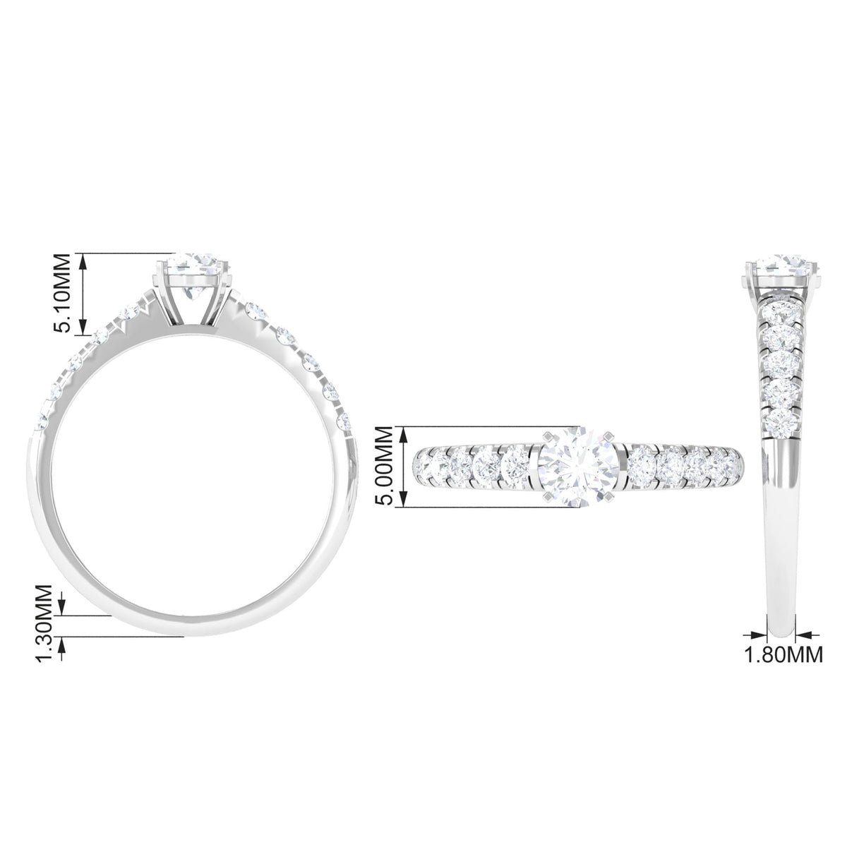 Round cubic zirconia side stone engagement ring by Rosec Jewels with a sleek band and sparkling central stone.