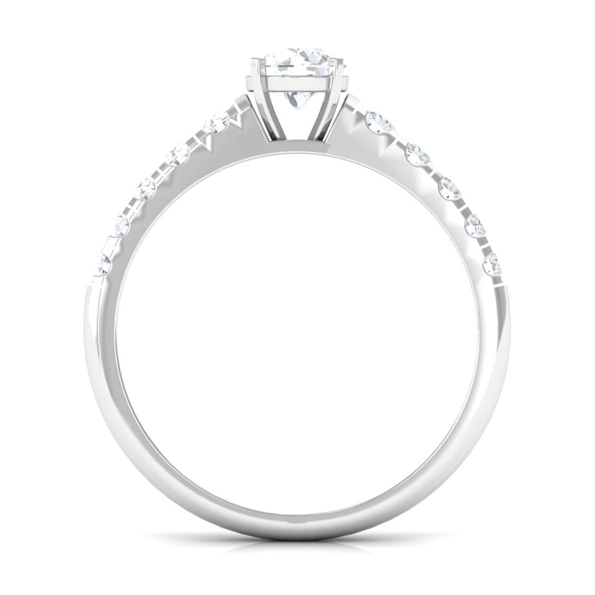 Round cubic zirconia side stone engagement ring by Rosec Jewels featuring a central band with sparkling stones and a sleek silver finish.