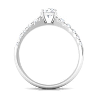 Round cubic zirconia side stone engagement ring by Rosec Jewels featuring a central band with sparkling stones and a sleek silver finish.