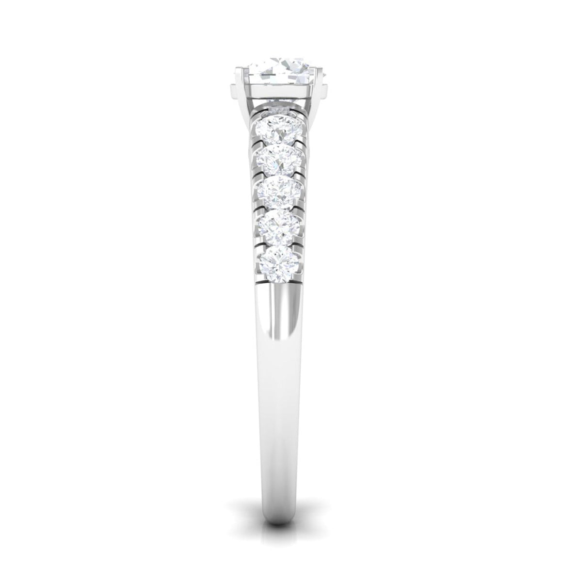 Round cubic zirconia side stone engagement ring by Rosec Jewels with a detailed close-up of the ring's design.