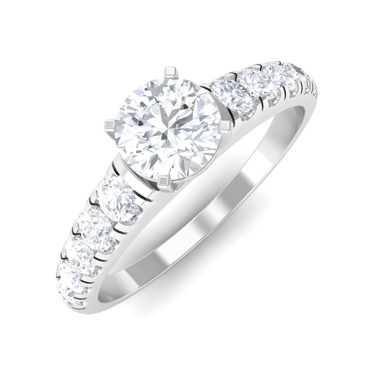 Rosec Jewels 1 CT round cubic zirconia side stone engagement ring showing a sparkling central stone and intricate band design.