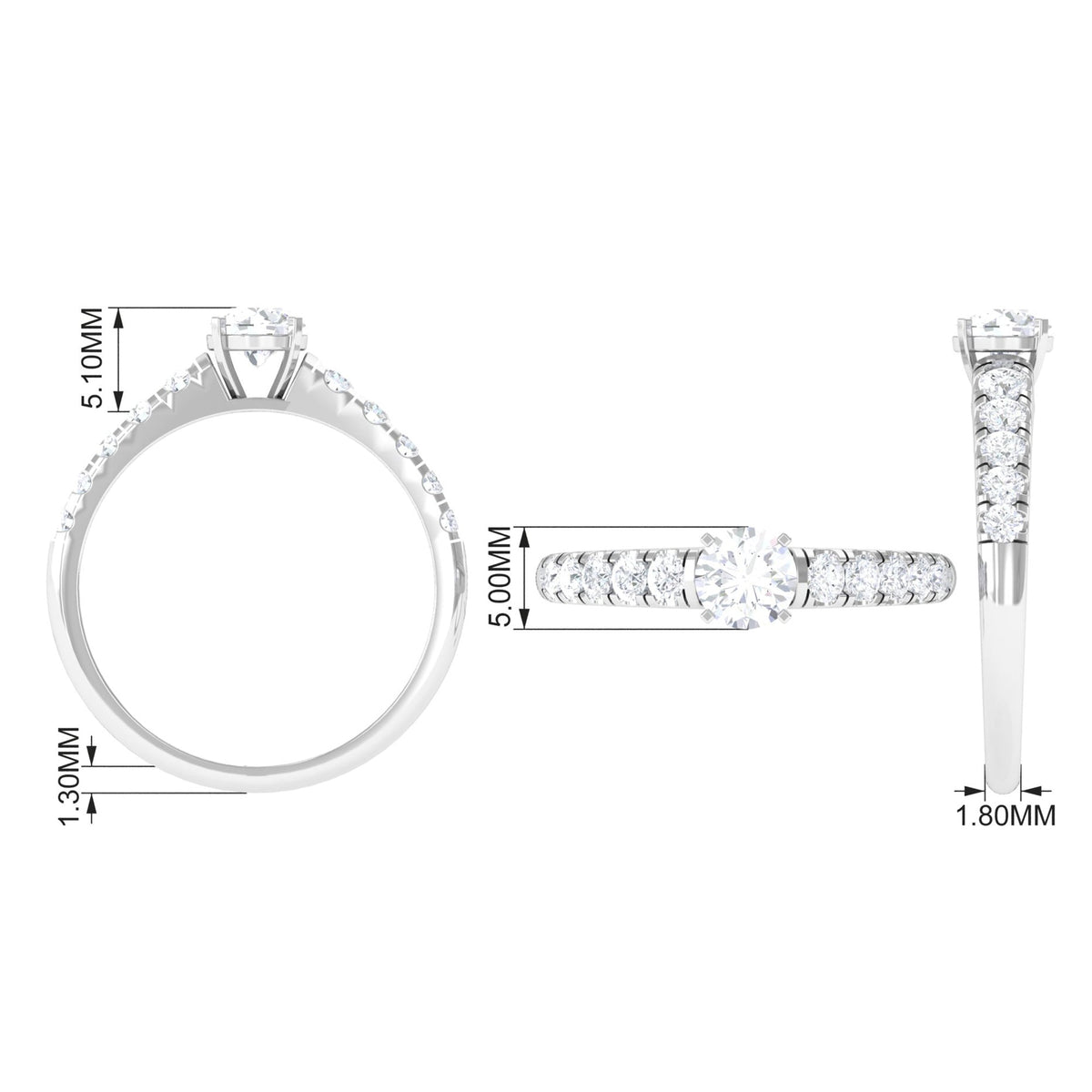 Rosec Jewels 1 CT round cubic zirconia side stone engagement ring showcasing sparkling stones and elegant band design.