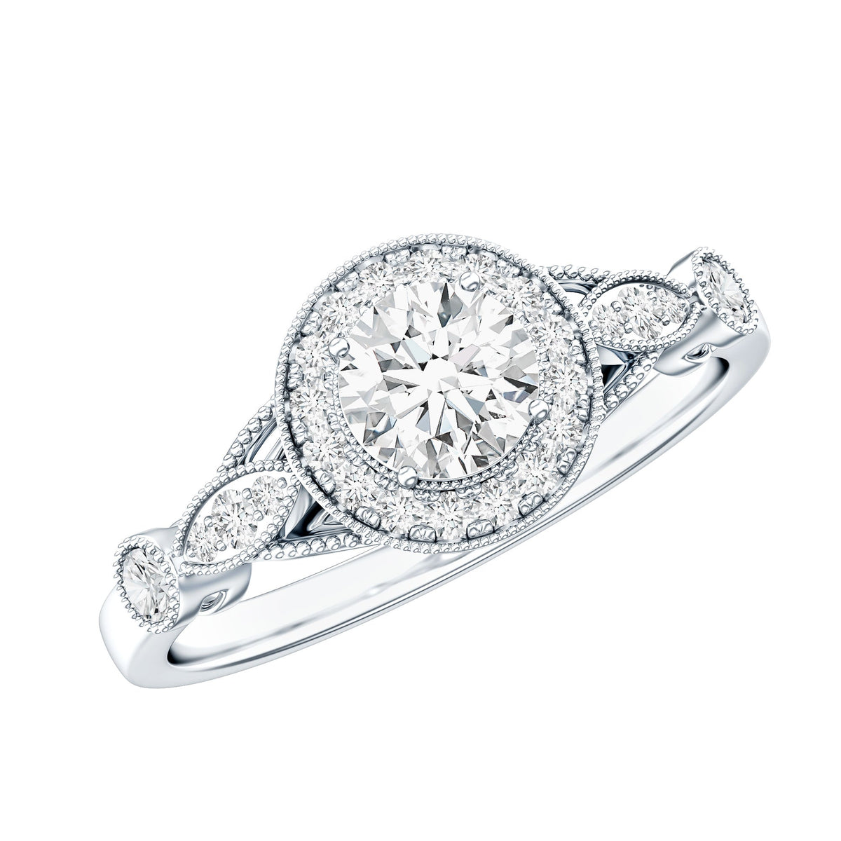 Antique inspired zircon halo engagement ring by Rosec Jewels featuring a central zircon gemstone with intricate vintage-style detailing.