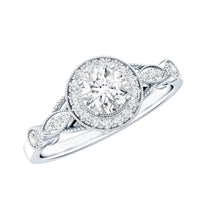 Antique inspired zircon halo engagement ring by Rosec Jewels featuring a central zircon gemstone with intricate vintage-style detailing.