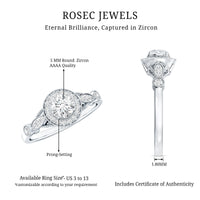 Antique-inspired Zircon halo engagement ring featuring intricate detailing and sparkling Zircon stones, by Rosec Jewels.