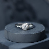 Antique-inspired zircon halo engagement ring by Rosec Jewels featuring a central gemstone with intricate vintage detailing