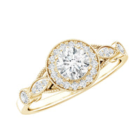 Antique inspired Zircon halo engagement ring by Rosec Jewels featuring intricate design and sparkling zircon stones.