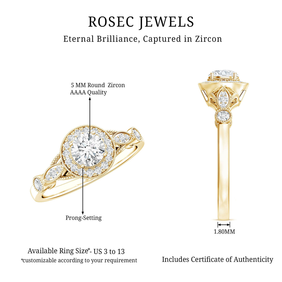 Antique inspired zircon halo engagement ring with intricate design and sparkling central zircon stone, crafted by Rosec Jewels.