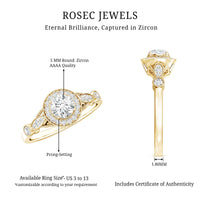 Antique inspired zircon halo engagement ring with intricate design and sparkling central zircon stone, crafted by Rosec Jewels.