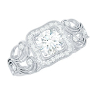 Vintage-inspired zircon halo engagement ring by Rosec Jewels featuring a central zircon stone surrounded by a detailed halo setting.
