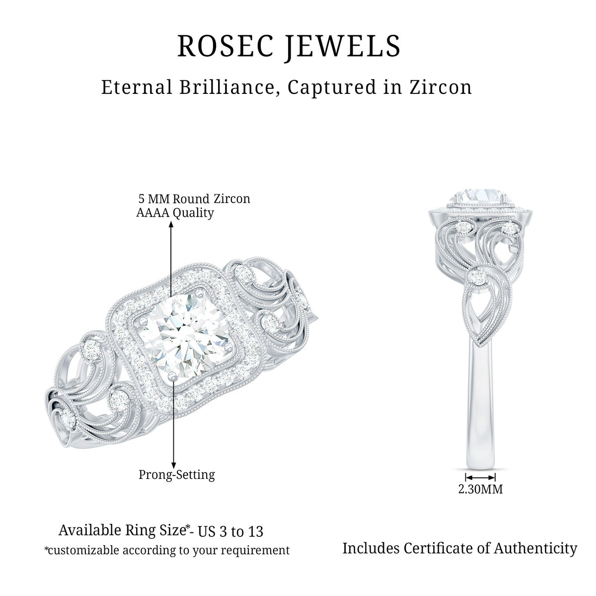 Vintage-inspired halo engagement ring with zircon gemstones from Rosec Jewels, featuring intricate detailing and a classic design.
