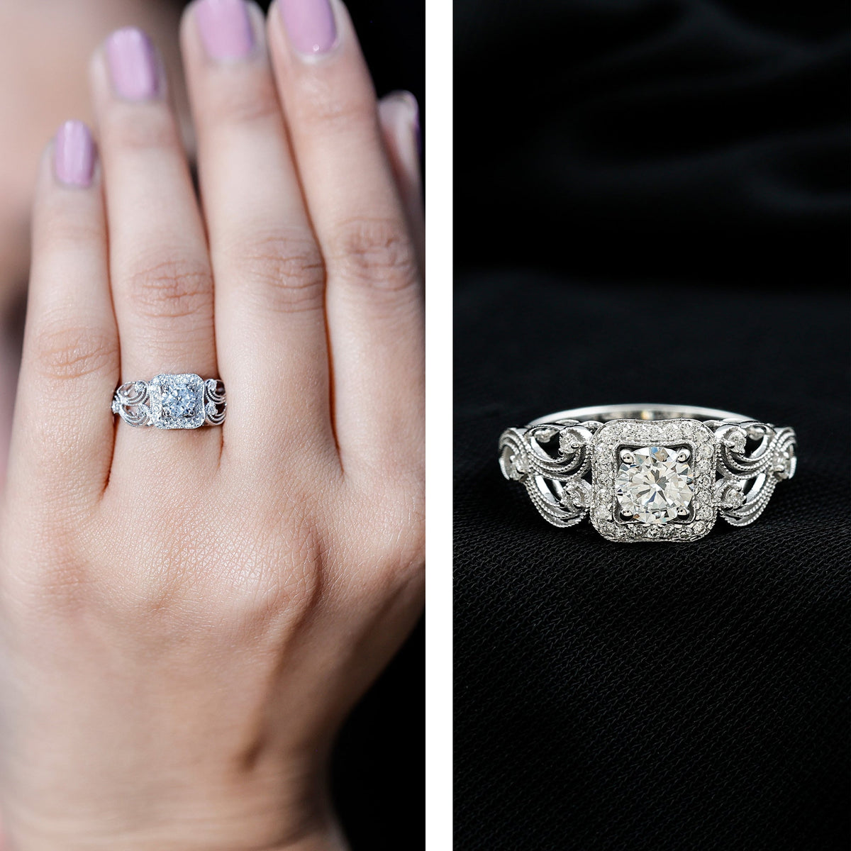 Vintage-inspired halo engagement ring by Rosec Jewels featuring zircon stones and intricate detailing on a classic ring band.