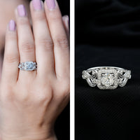 Vintage-inspired halo engagement ring by Rosec Jewels featuring zircon stones and intricate detailing on a classic ring band.