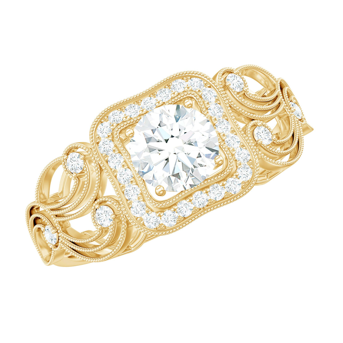 Vintage-inspired Zircon halo engagement ring from Rosec Jewels featuring a central zircon stone surrounded by a halo setting.