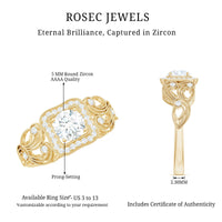 Vintage-inspired zircon halo engagement ring featuring a central zircon stone and intricate band design by Rosec Jewels.