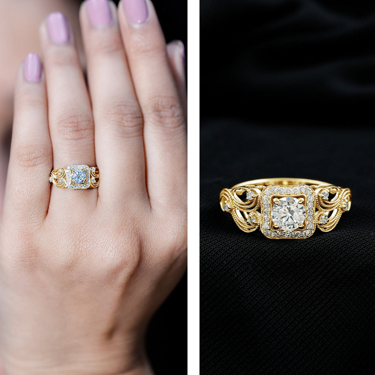Vintage-inspired halo engagement ring with zircon center stone, Rosec Jewels rings collection, showcasing intricate design and sparkling details.