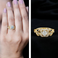 Vintage-inspired halo engagement ring with zircon center stone, Rosec Jewels rings collection, showcasing intricate design and sparkling details.