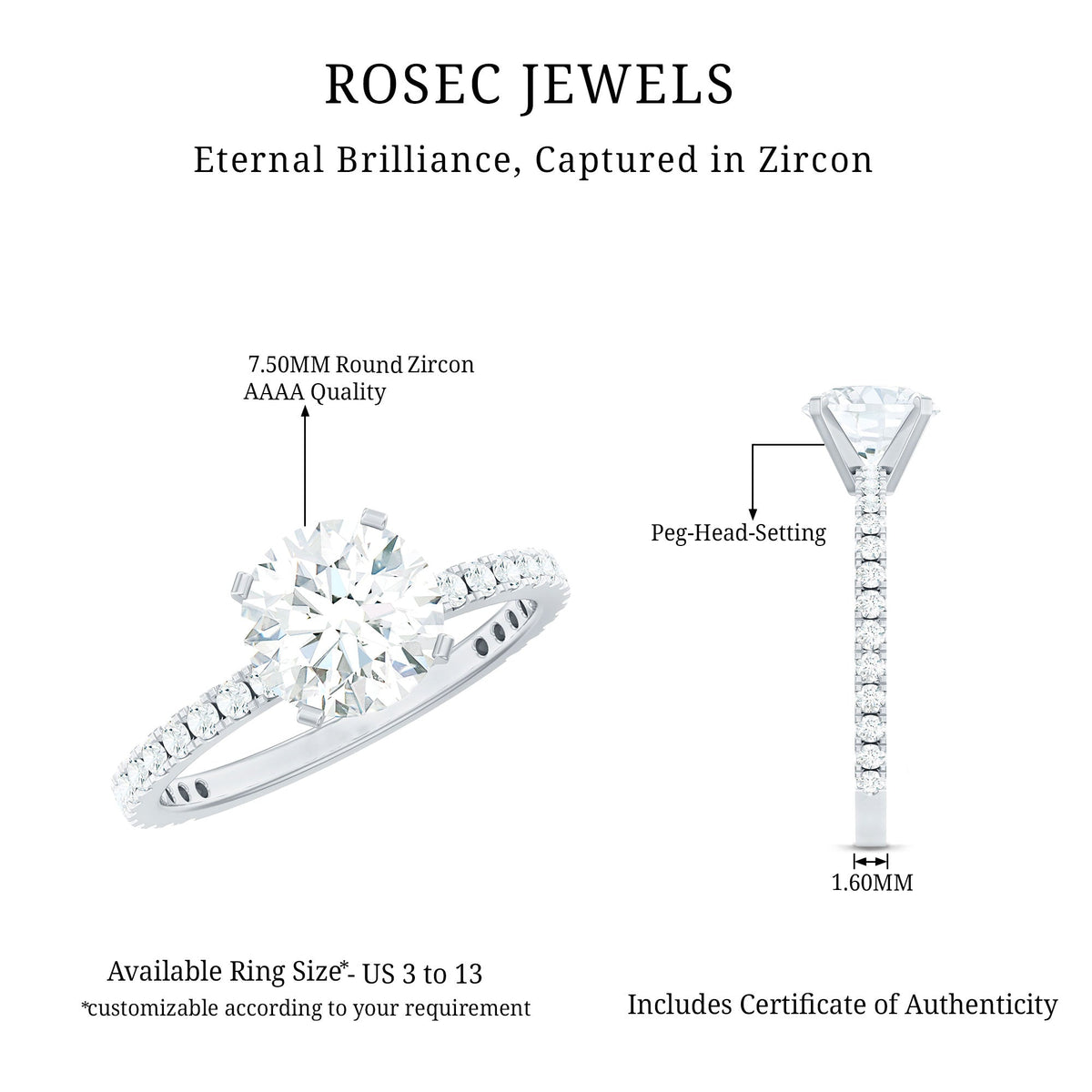 Rosec Jewels 2.75 CT zircon solitaire engagement ring with side stones, featuring a sparkling central zircon and elegant band detail.