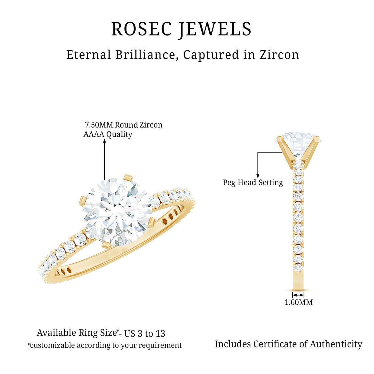 Rosec Jewels 2.75 CT zircon solitaire engagement ring with side stones, showcasing a sparkling central zircon and detailed band.