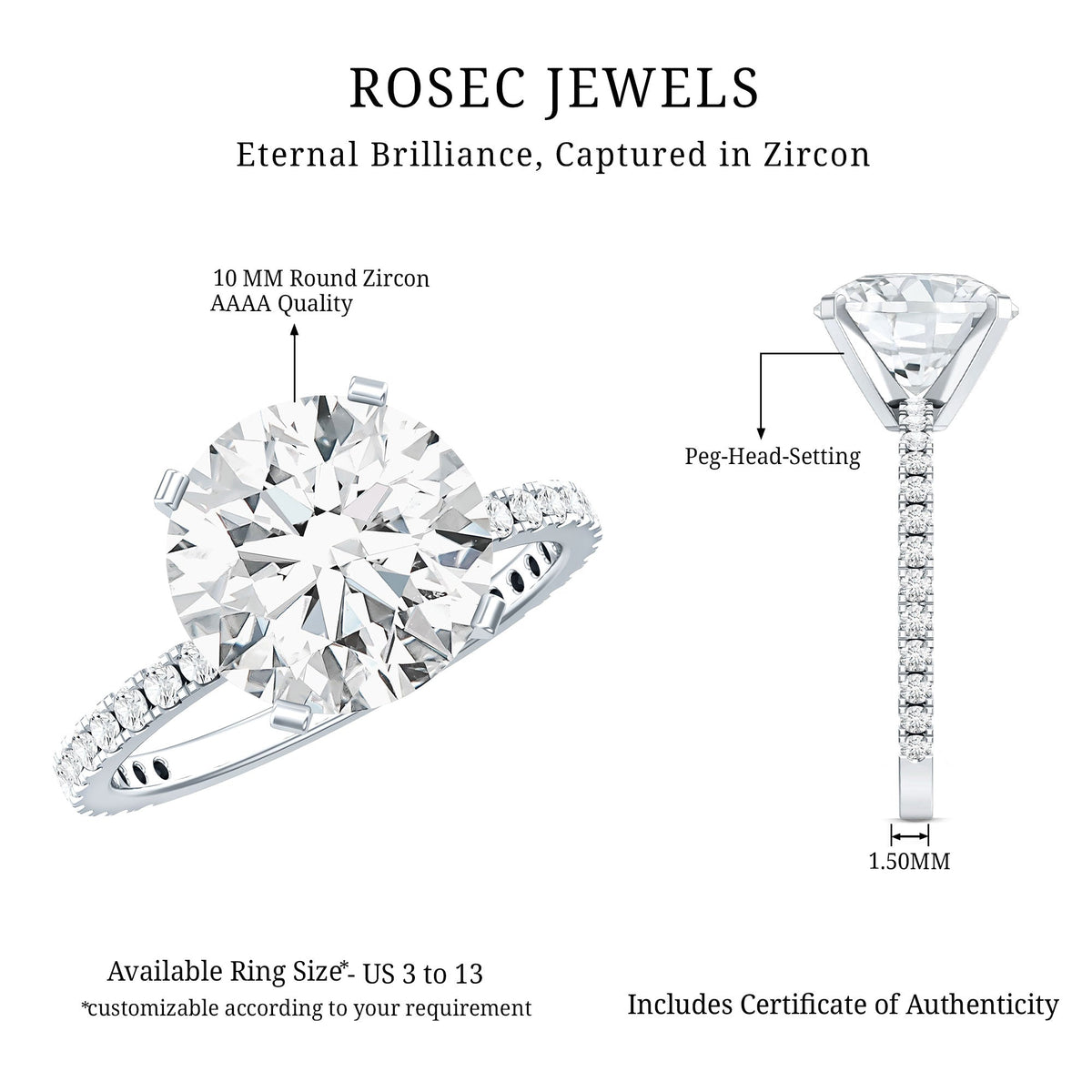 Certified 4.4 Carat Cubic Zirconia Solitaire Engagement Ring for Women