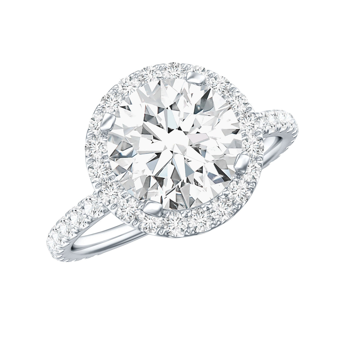 Certified cubic zirconia floating halo engagement ring by Rosec Jewels featuring a central stone with a delicate halo setting.