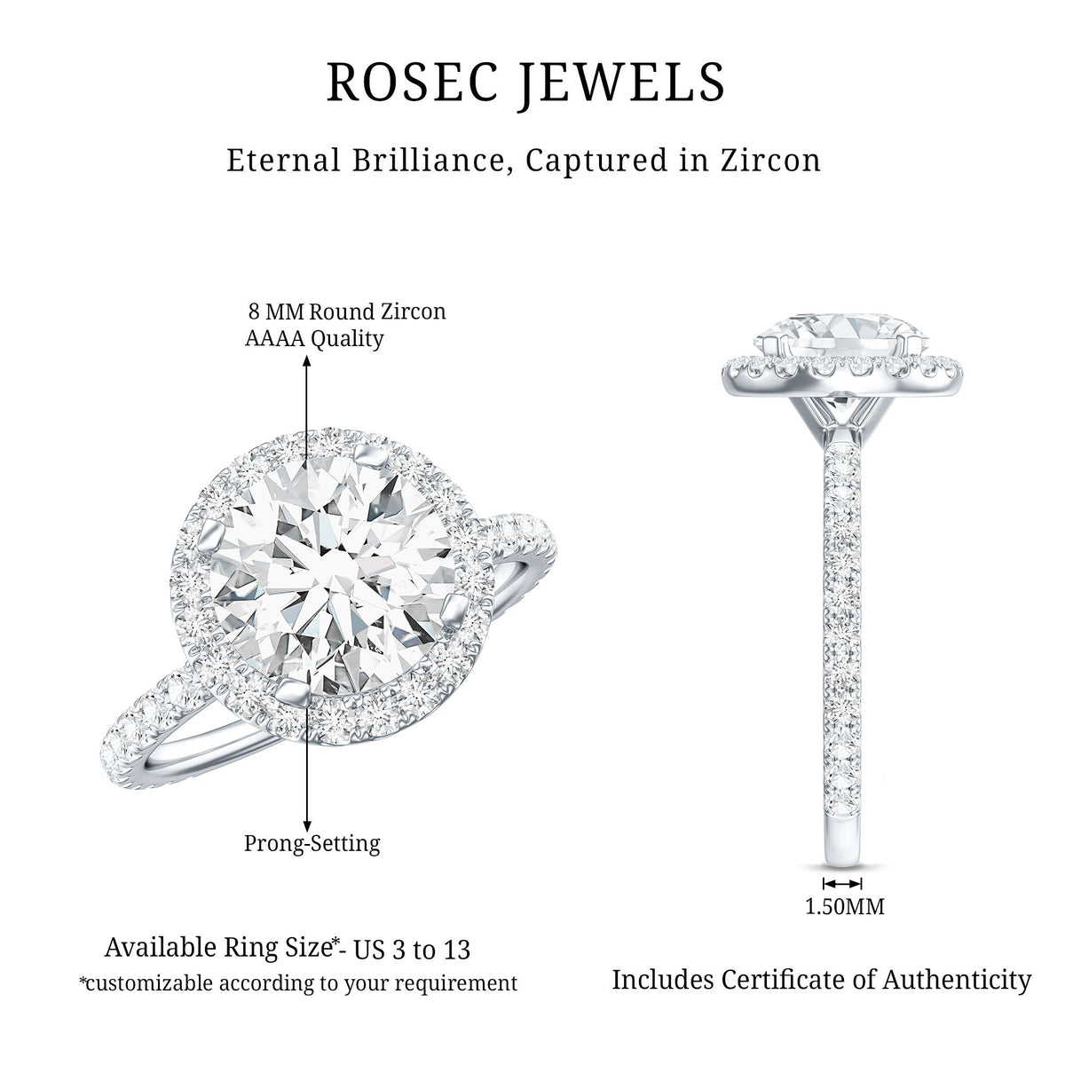 Certified cubic zirconia floating halo engagement ring from Rosec Jewels, featuring a classic design and sparkling center stone.