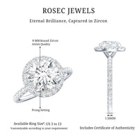Certified cubic zirconia floating halo engagement ring from Rosec Jewels, featuring a classic design and sparkling center stone.