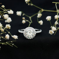 Certified cubic zirconia floating halo engagement ring by Rosec Jewels featuring a sparkling center stone and elegant design.