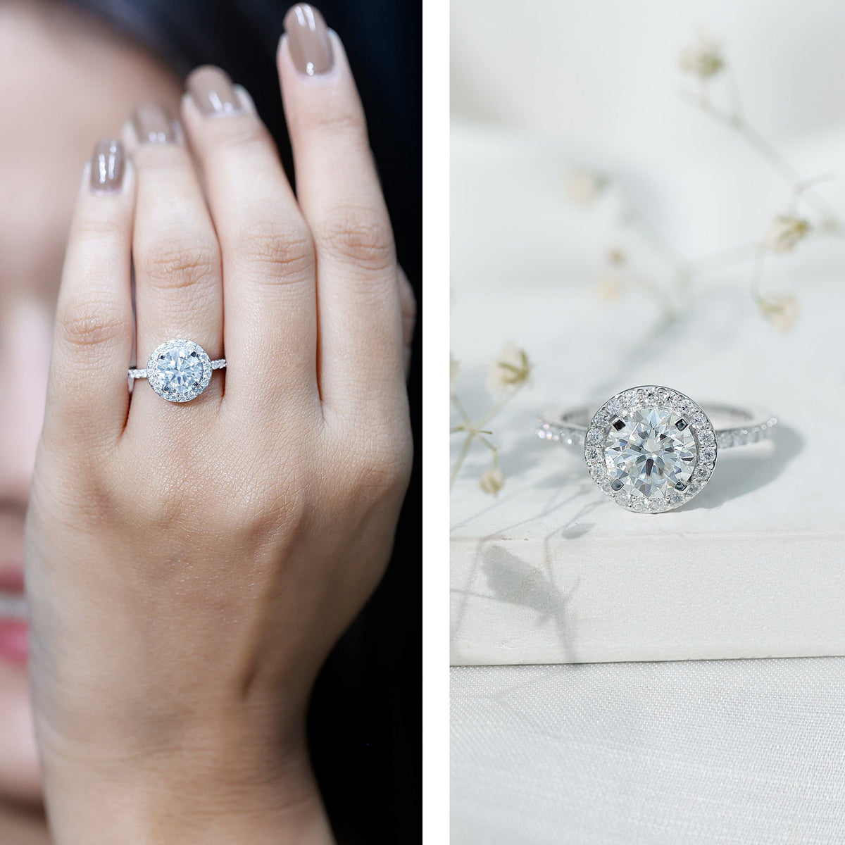 Certified cubic zirconia floating halo engagement ring by Rosec Jewels featuring a classic design and sparkling center stone.